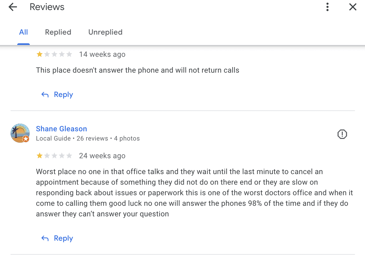 Unreplied Review on Podiatrist GBP